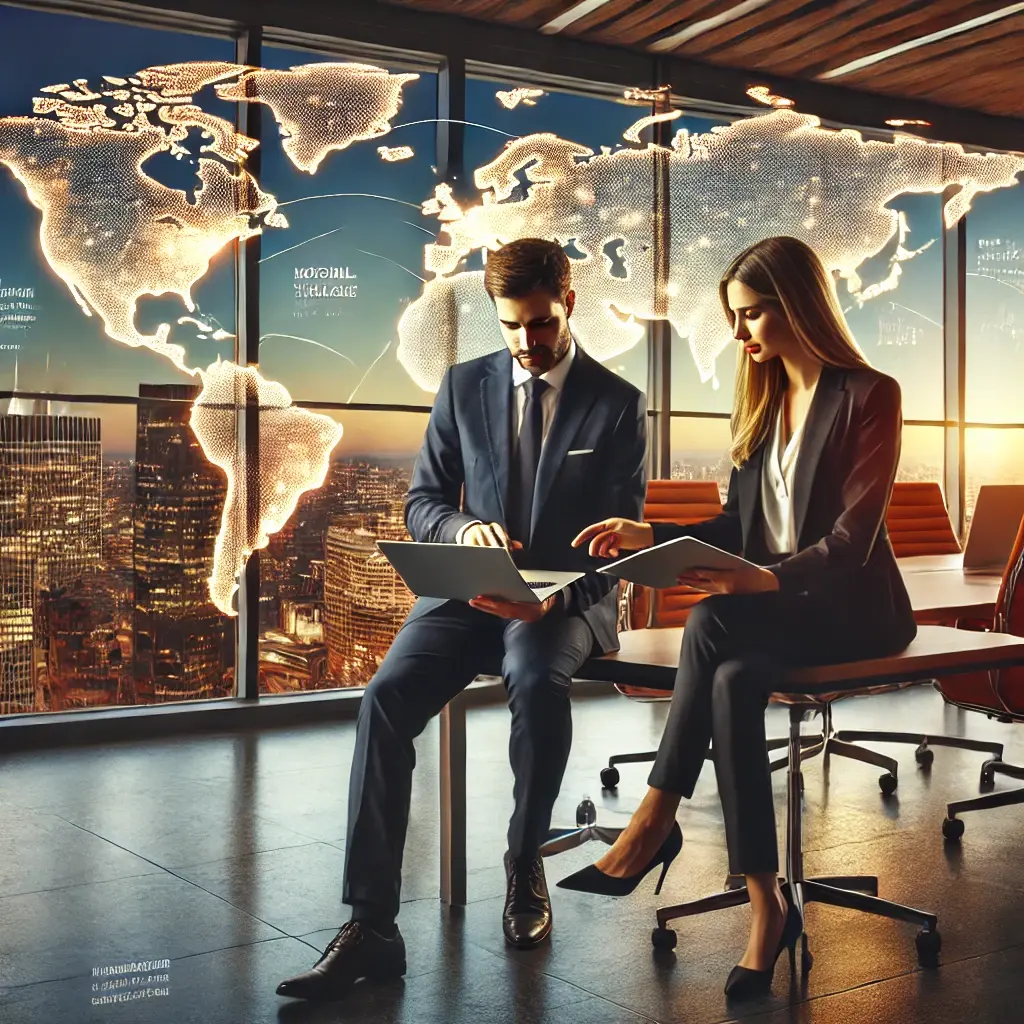 DALL·E 2024-10-28 21.00.52 - A professional and inviting office scene with a man and a woman overlooking a world map, symbolizing global finance and international tax planning. Th