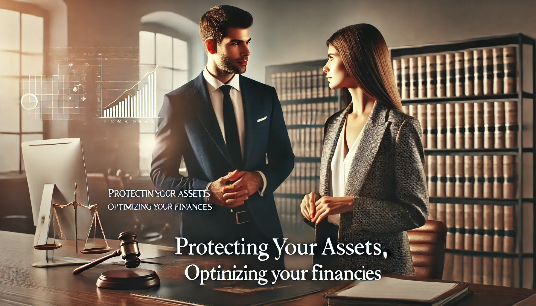 DALL·E 2024-10-29 11.01.27 - Professional image representing legal and tax advisory services, featuring a man and a woman in a modern office setting. Both individuals are professi